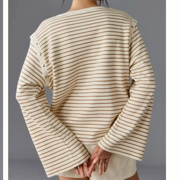 Maeve by Anthropologie Oversized Slouchy Striped Long Bell Sleeve Tee Size S EUC - Picture 2 of 9